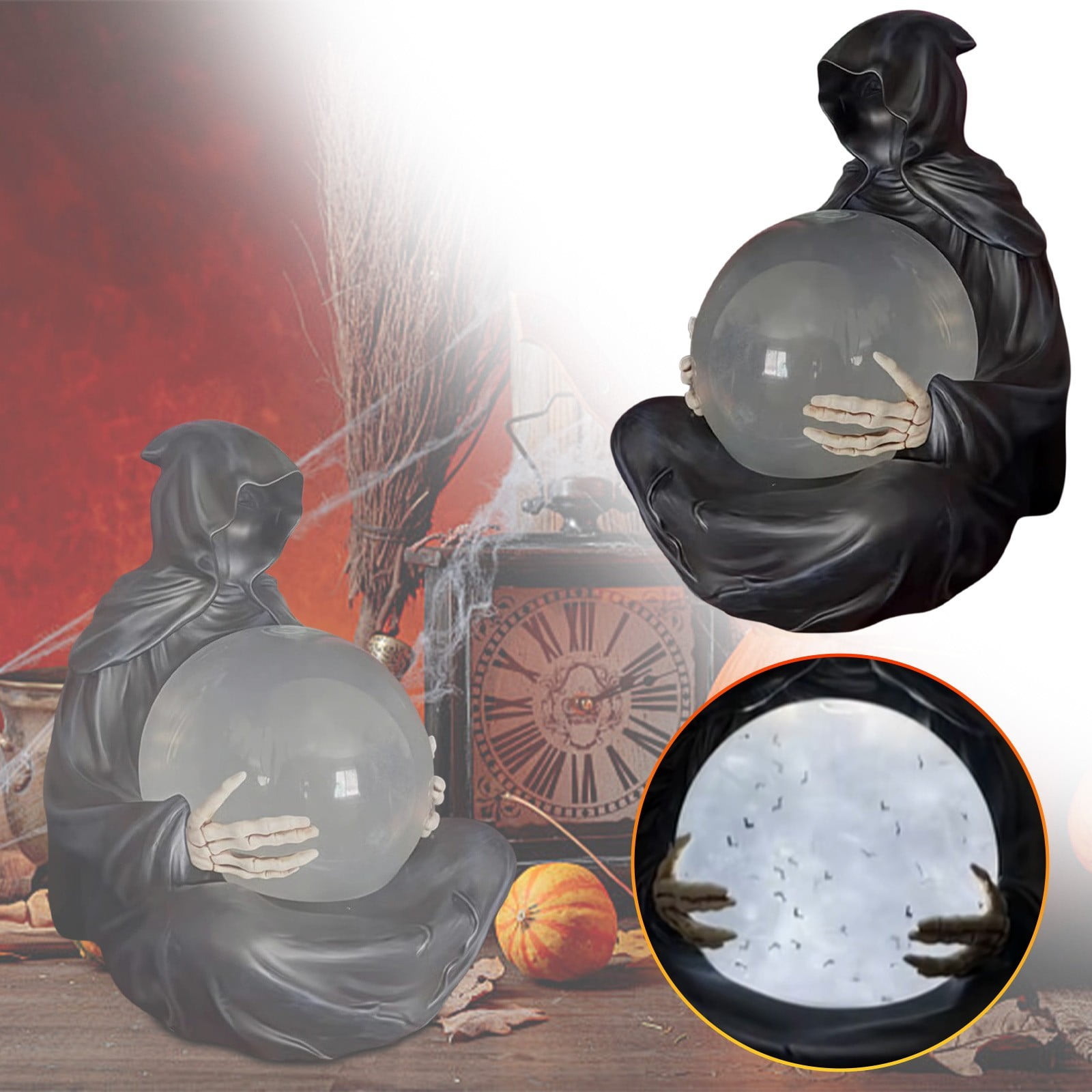 Halloween Decor Suriel & Floating Bat LED Light Crystal Ball Bookshelf ...
