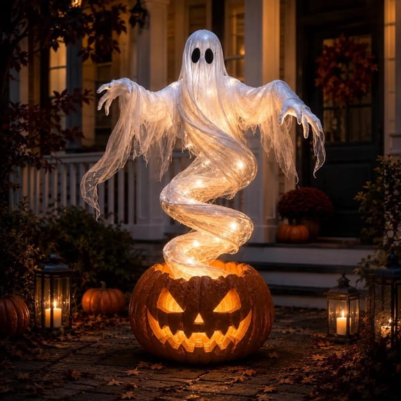 Halloween Decor Swirling Ghost Pumpkin Yard Lamp, Warm LED Light Floating Spiral Ghost Jack-O-Lantern for Patio Yard Trick-or-Treat Display