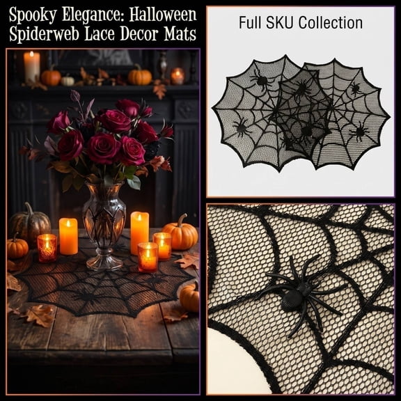 Halloween Decor Tablecloth Set, Disposable Plastic Table Runner, Lace Web Fireplace Scarf and Lampshade Cover for Spooky Halloween Party Decorations, 1Pack Black B