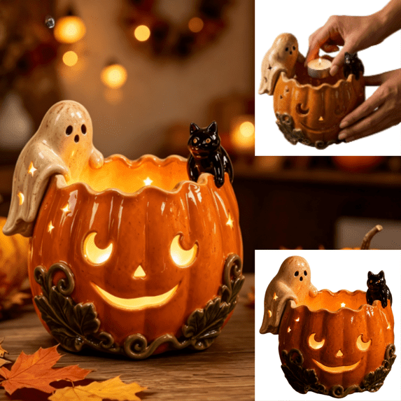 Halloween Decor Tea Light Holder Ghost Cat Pumpkin Resin Figurine Candle Ornament for Fall Shelf Table Indoor Holiday Decor Candle Holders