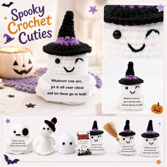 Halloween Decor, Tiny One-Eyed Ghost Crocheted Handmade Ghost with Card, Compact Spooky Ghost Decorations for Office Shelf, Thoughtful Adult Comfort Gift, Cozy Yarn Material,