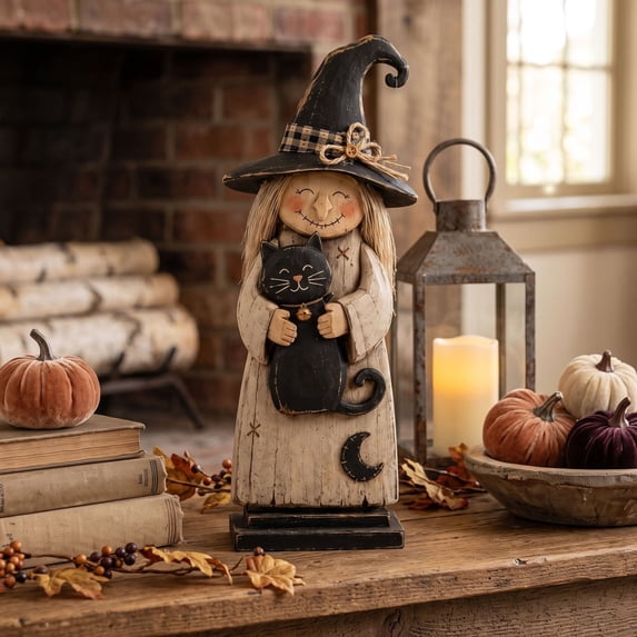 Halloween Decor - Vintage Wooden Witch Decor, Witches Figurine Halloween Decorations for Mantel Table Shelf Home Ornament Display, 1PCS