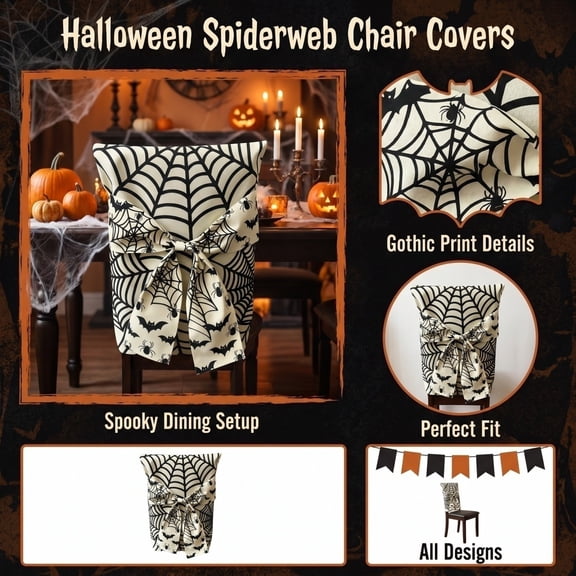 Halloween Decor, Webs Halloween Decorations, Dining Chair Cover, Halloween Party Decor, Stretchable Washable 1-Piece Web Bat Printed Slipcover for Home Halloween Party Use