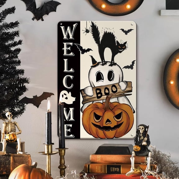 Halloween Decor Welcome Sign Black Cat Boo Pumpkin Vintage Metal Ghost Retro Tin Signs Welcome Halloween 12x8Inches Wall Decor for Home Room Front Door Porch Yard Outdoor