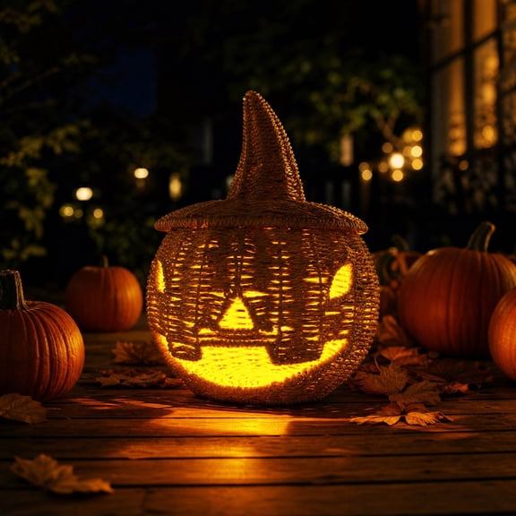 Halloween Decor Witch Hat Pumpkin Light Lamps, Hand-Woven Polyester Hollow Smile Face with Warm Copper LEDs for Table Mantel, Storage Bowl, Cute Halloween Table Decor