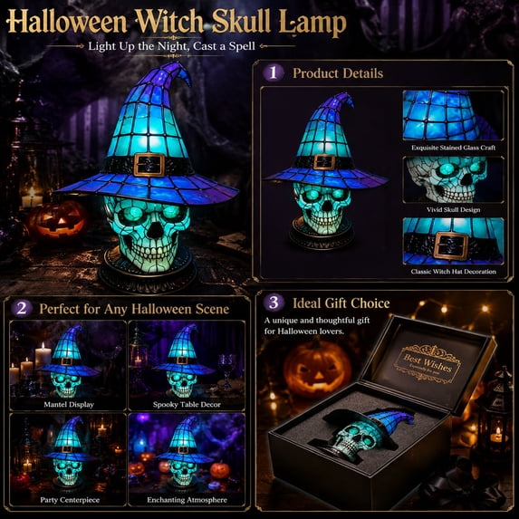 Halloween Decor, Witch Hat Table Lamp with LED Glow, Stained Glass Skull Base Night Light, Fall Home Decor for Bedroom Shelf Display