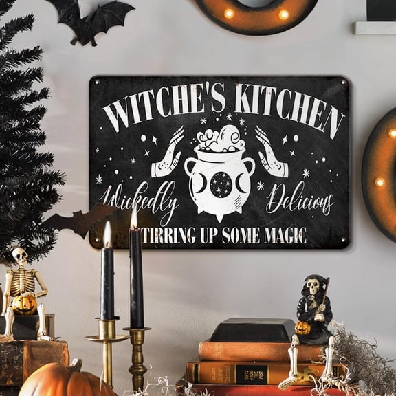 Halloween Decor Witches Kitchen Wood Sign Decor, Witchy Gothic Decor for Kitchen Dining Room Witchcraft Decoration, Best Witches Gifts, 8x12 Inches Goth Wall Decor Metal Tin Sign