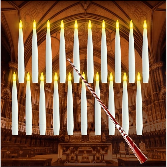 Halloween Decoration, 20 Floating Candles with Wand Magic Hanging Candles, Flickering Warm Light Flameless Floating LED Candles with Remote Control, Battery-Powered Taper Candle Set, Suitable for The