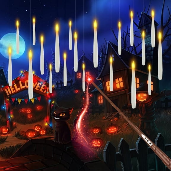 Halloween Decoration, 20 Floating Candles with Wand Magic Hanging Candles, Flickering Warm Light Flameless Floating LED Candles with Remote Control, Battery-Powered Taper Candle Set, Suitable for The