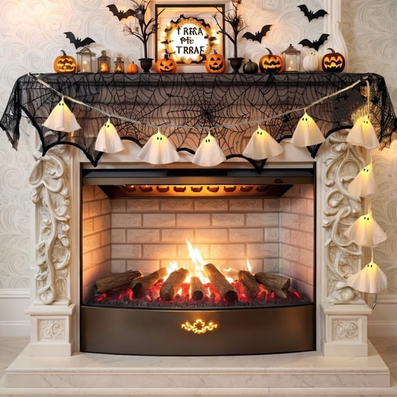 Halloween Decoration-6.5 ft Handmade 10 LED Light Up Ghost Garland-Handmade LED Ghost String Lights Banner for Home Party Fireplace Mantle Windows Decor