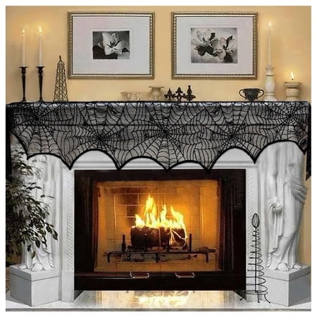 ROLITOTE Black Lace Spiderweb Mantel Scarf, 18 x 96 inch Halloween Fireplace Decor Table Runner for Home Party