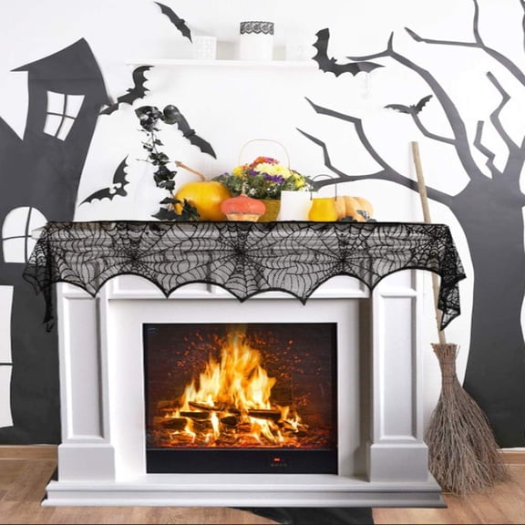 Halloween Decoration Black Lace Spiderweb Fireplace Mantle Scarf Cover Festive Party Supplies Fireplace Scarf 96 x 18 inch for Halloween Christmas Party Door Window Decoration