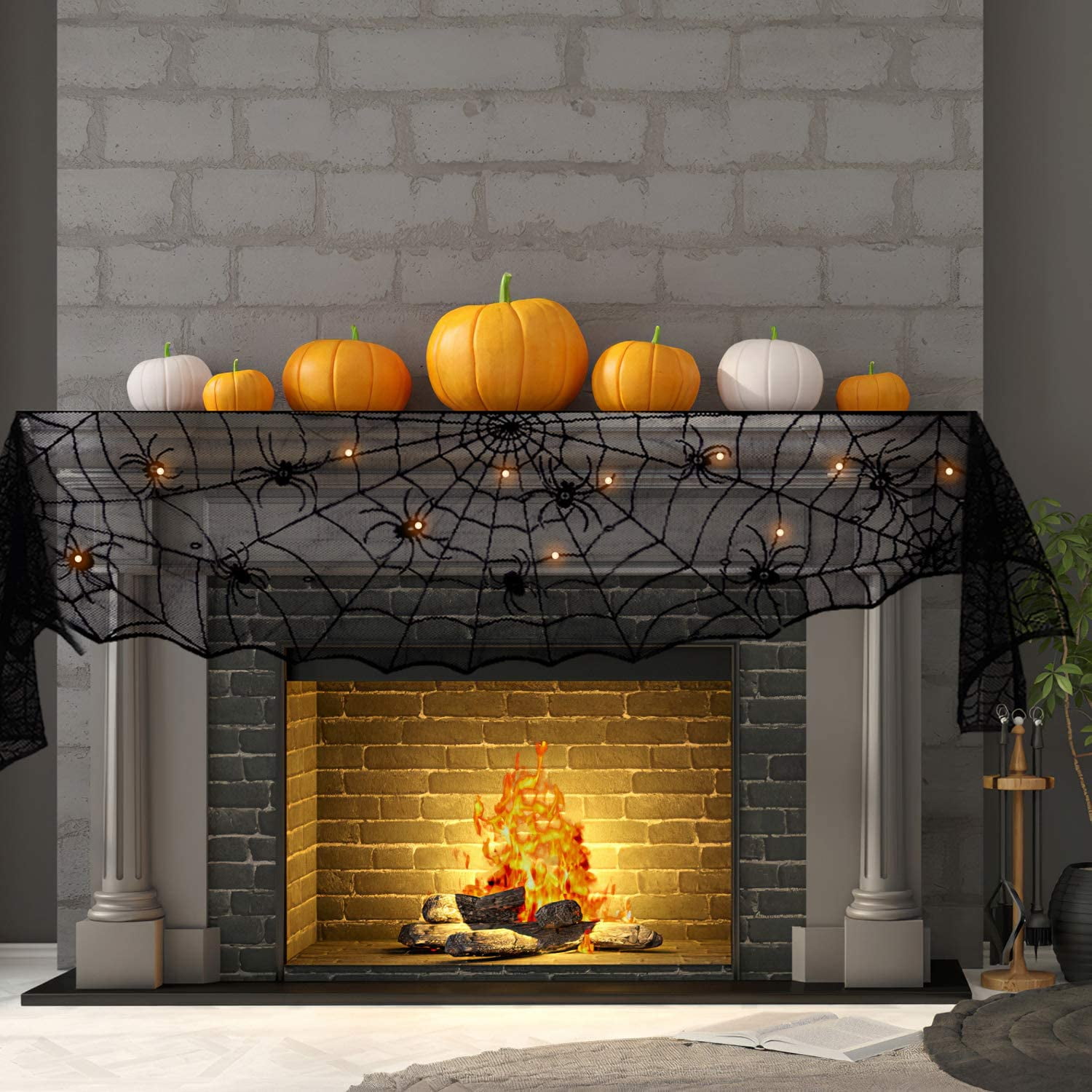 Halloween Decoration Black Lace Spiderweb Fireplace Mantle with ...