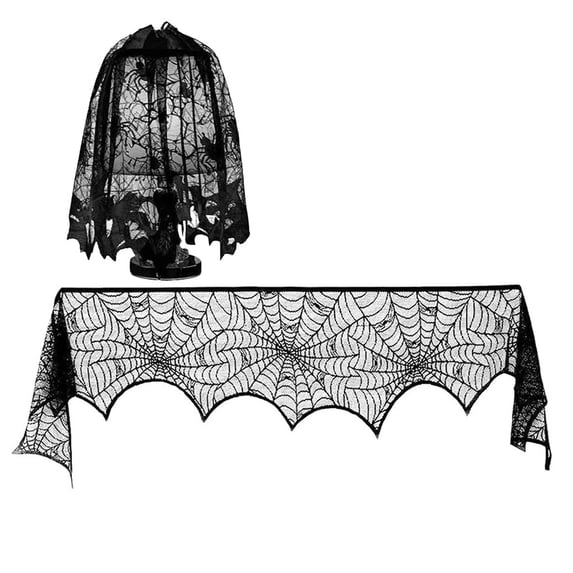 Halloween Decoration Black Spider web lace Fireplace Mantle Scarf, Spider Lampshade, Holiday Party Decorations