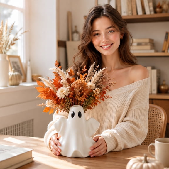 Halloween Decoration Ceramic Ghost Vase, White Ghost Flower Holder for Table Shelf Mantel Home Decor, 7.09 in