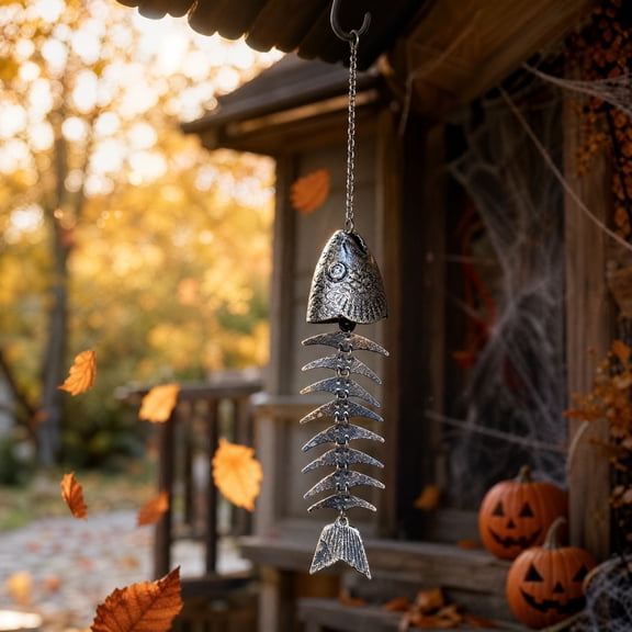 Halloween Decoration Clearance Under $15.00! 13.1 Inch Halloween Themed Metal Fish Skeleton Wind Chimes Wall Hanging Decor Pendants Creating Scary Vibes During Halloween Season With Its Eerie Devise