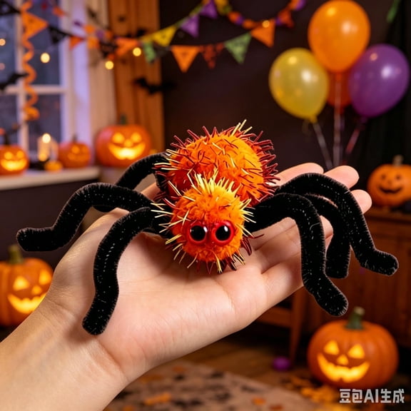 Halloween Decoration Fluffy Plush Spider Ornament, Bendable Pipe Cleaner Mini Spider Tabletop Decor for Halloween Party Home Layout