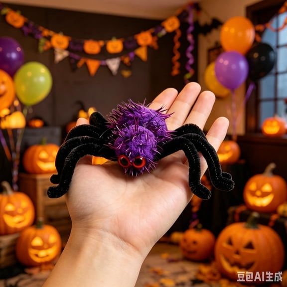Halloween Decoration Fluffy Plush Spider Ornament, Bendable Pipe Cleaner Mini Spider Tabletop Decor for Halloween Party Home Layout