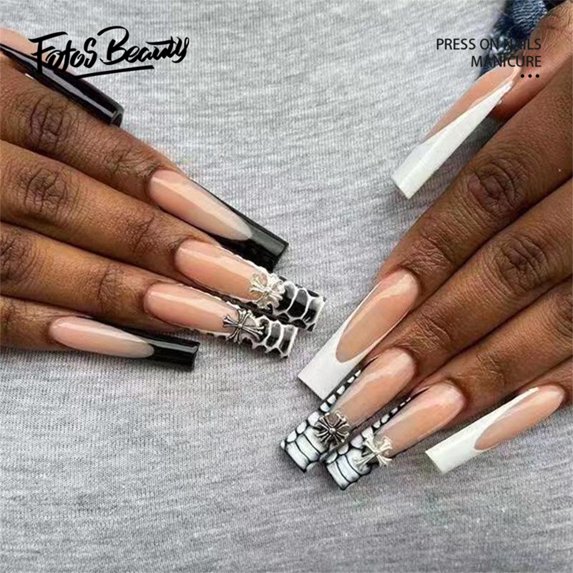 Halloween Decoration Fofosbeauty 24pcs Halloween Press on False Nails, Long Coffin Fake Nails, French B&W Halloween Cross