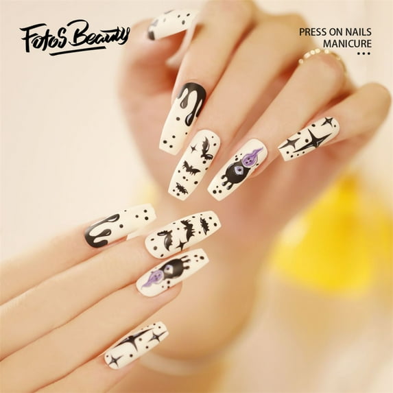 Halloween Decoration Fofosbeauty 24pcs Halloween Press on False Nails, Long Coffin Fake Nails, Halloween Silent