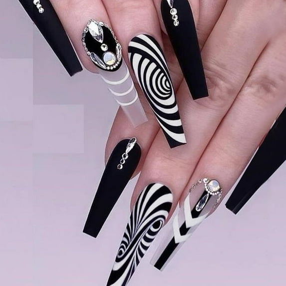 Halloween Decoration Fofosbeauty 24pcs Press on False Nails, Long Coffin Fake Nails, Bat Spider Web Diamonds