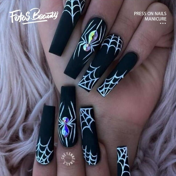 Halloween Decoration Fofosbeauty 24pcs Press on Nails, Long Coffin Nails, Spider in Dark