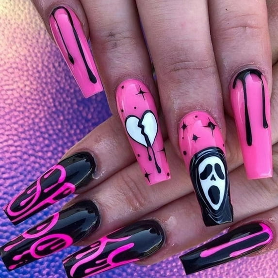Halloween Decoration Fofosbeauty 24pcs Press on Nails, Long Coffin Nails, pinky dark