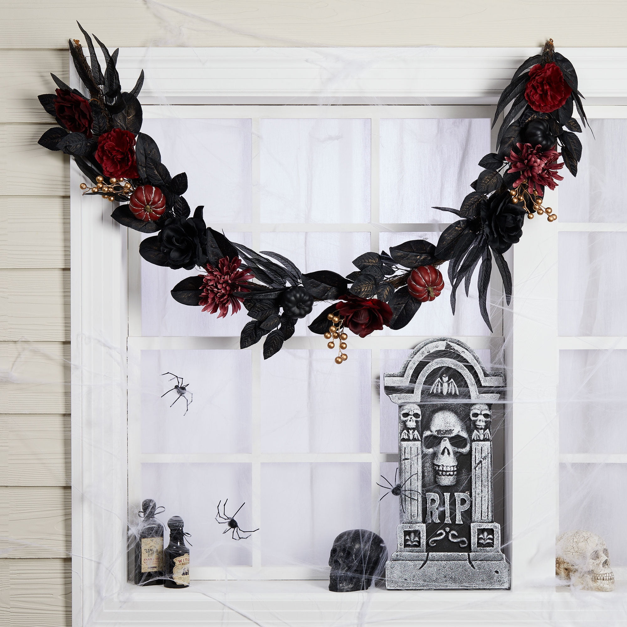 Halloween Decoration Garland, Black & Burgundy, Artificial Roses/Mums/Pumpkin Garland, 6', by Way to Celebrate, Size: 72 inch x 8 inch x 4 inch