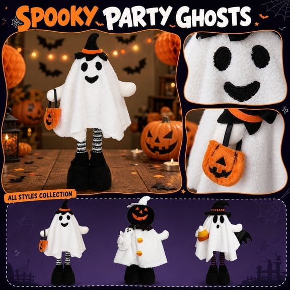 Halloween Decoration, Ghost Decorations, Halloween Ghost, Halloween Witch, Soft 18X4.5 Inch Extendable Leg Ghost Stuffed Ornament with Witch Accents, Festive Halloween Party