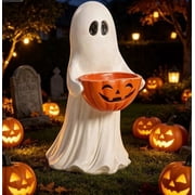 Halloween Decoration Ghost Figurine 11in Resin Ghost Statues with Pumpkin Candy Bowl for Outdoor Indoor Front Door, Porch Yard Lawn Party Decor