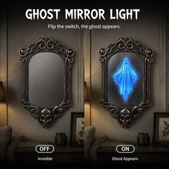 Halloween Decoration Ghost Mirror with LED Backlight for Home, Battery Operated Light Up Mirror with Reflective Design for Tabletop or Wall, 13.38 x 9.44 Inches Spooky Decor for Halloween Party
