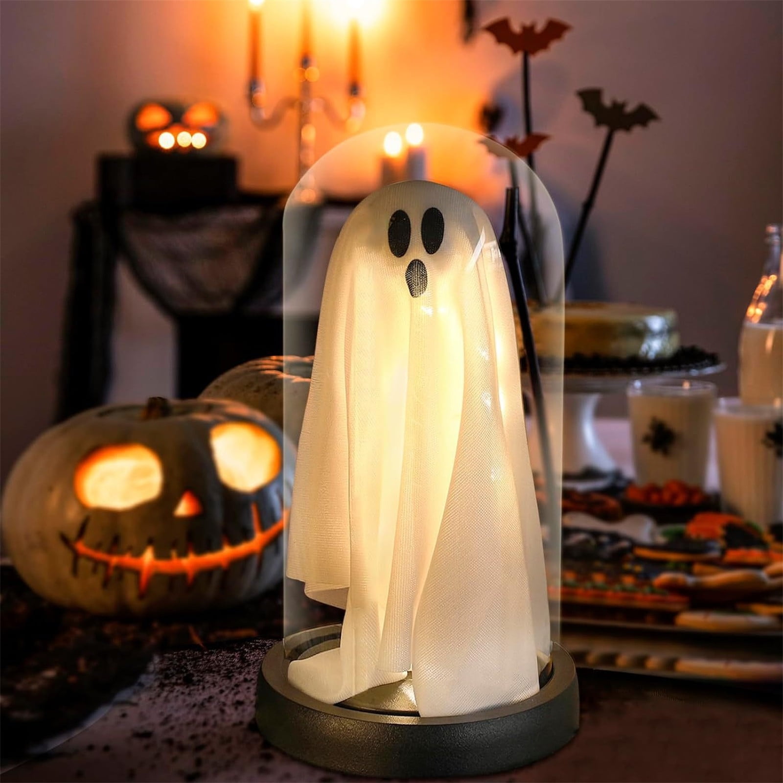 Zercuop Halloween Ghost In Glass Cloche - Light-Up Ghost Decor For Indoor Table, Mantel, Or Party, Cute Spooky Decoration