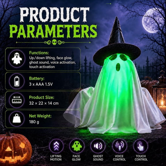 Halloween Decoration for Home Indoor Outdoor Clearance Under $15.00! Interactive Up-Down Moving Ghost Figurine Green LED Light Spooky Halloween Desktop Ornament 3 AAA Batteries Needed Not Supplied