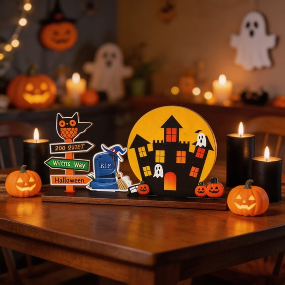 Halloween Decoration for Home Indoor Outdoor Clearance Under $5.00!2026 Halloween Wooden Tabletop Decorations - Spooky Castle Ghost And Pumpkin Centerpieces For House Themed Party Home And Office