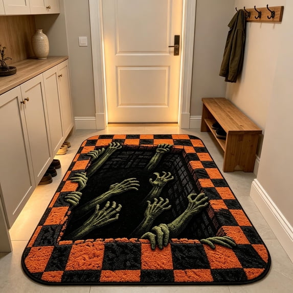 Halloween Decoration for Home Indoor Outdoor Clearance Under $5.00!Checkered Pumpkin Zombies Hand Print Floor Rug Soft Absorbent Indoor Mat For Entryway Bedroom Living Room Fall House Layout Decor