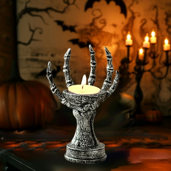 Halloween Decoration Indoor, 6.9" Skeleton Hand Candle Holder, Resin Halloween Candelabra, Ghost Handheld Candlestick for Table Decoration and Haunted House,Silver