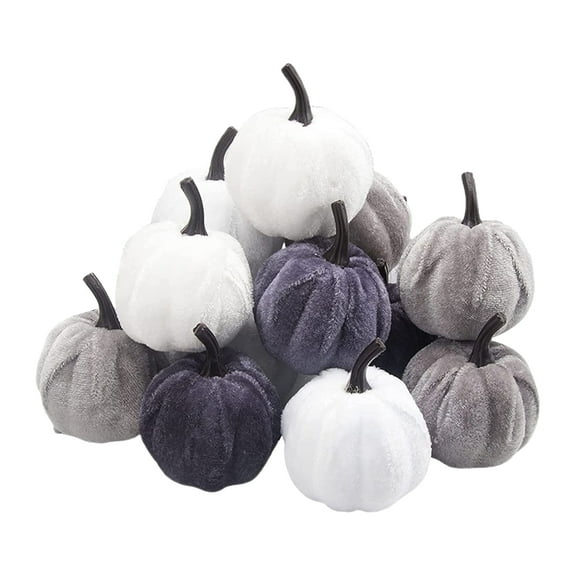 Halloween Decoration Indoor,Hallween Artificial Pumpkins Set of 12 Mini Faux Pumpkin Velvet Assorted Sizes Fall Harvest Decor for Home Indoor Table Photo Props,Grey