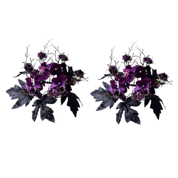 Halloween Decoration Indoor Purple Rose Candle Ring, Black Leaf Floral Candle Holder Decor, Gothic Table Accent 2 Pack 9.84in
