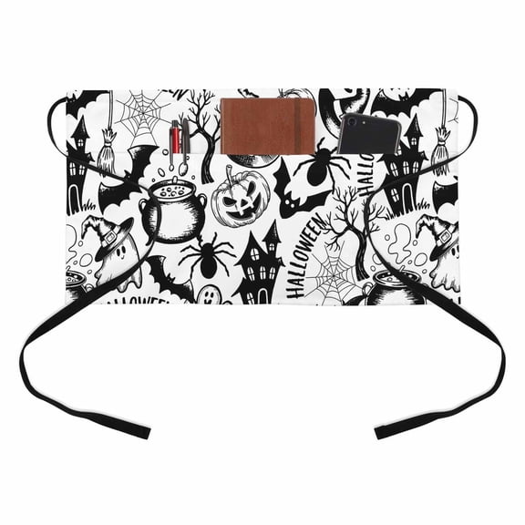 Halloween Decoration Kitchen Restaurant Half Waist Apron, Bat Witch Black Vintage Decoration Server Short Apron with 3 Pockets Waterproof Oil Waist Aprons for Women Waitress Waiter