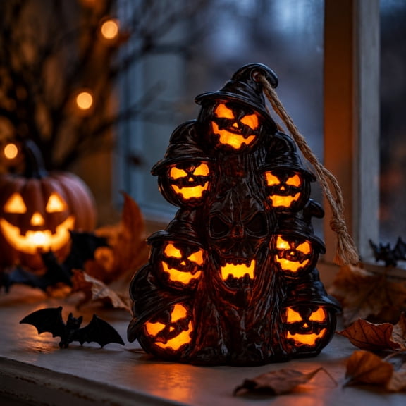 Halloween Decoration LED Pumpkin Night Light, Battery Operated Skull Figurine for Table Shelf Party Decor, Black, 3.94 Inch