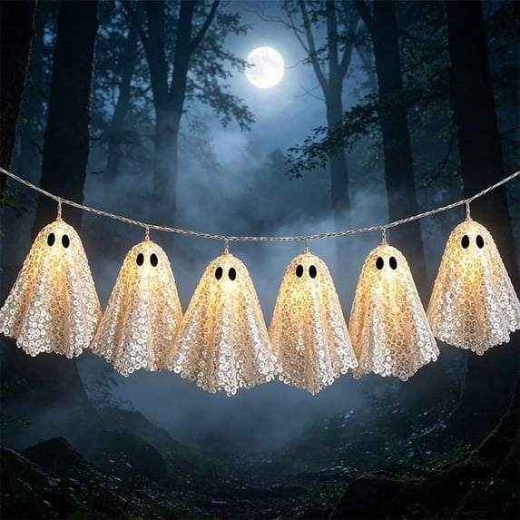 Halloween Decoration-Light Up Ghost Garland-Handmade Ghost Lights Banner for Home Party Fireplace Mantle Windows Decor Halloween String Lights
