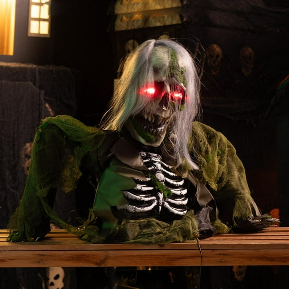 Taicans Halloween Decoration Outdoor Animated Zombie Groundbreaker,Light-up Skeleton Zombie Groundbreaker Prop with Creepy Sound,Scary White Haired Half-Body Figure for Halloween Outside Decor,15in