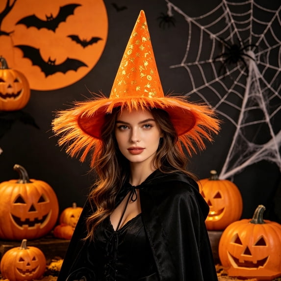 Halloween Decoration Outdoor Clearance Under $5.00!Piece Halloween Witch Hat With Gold Print And Fringe Trims Pointed Wizard Style For All Age Role Outfit Party Dress Up And Holiday Wear Accessories