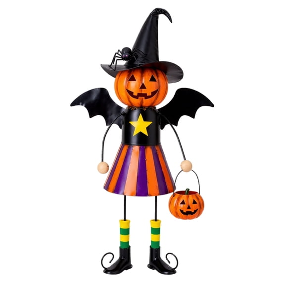 Halloween Decoration Outdoor, Iron Pumpkin Witch Yard Statue with Twin Buckets and Bat Wings for Porch Lawn Patio Decor, 20 in