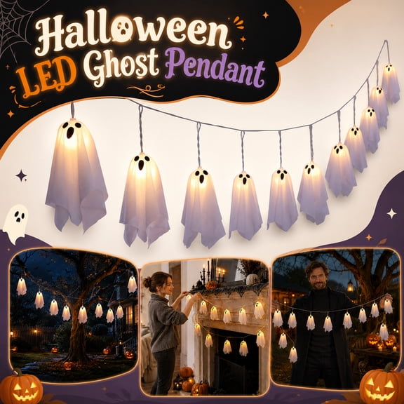 Halloween Decoration Outdoor LED Ghost String Lights, 10 Lighted Ghost Garland with Remote Control for Home Decor Porch, 9.02 ft