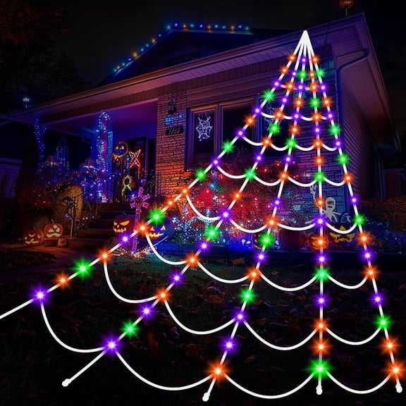 Halloween Decoration Outdoor Spider Web Light: 150 Purple and Orange LED Lights Decoration, 17.4 Feet Giant Spider Web with 8 Lighting Modes Waterproof Timer, Yard Spider Web Decoration