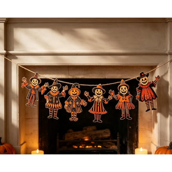 Halloween Decoration Pendant Retro Banner Flag Decor Scarecrow Pumpkin Witch Style Pendant, Nostalgic Art Craft for Table Centerpiece & Staircase Railing