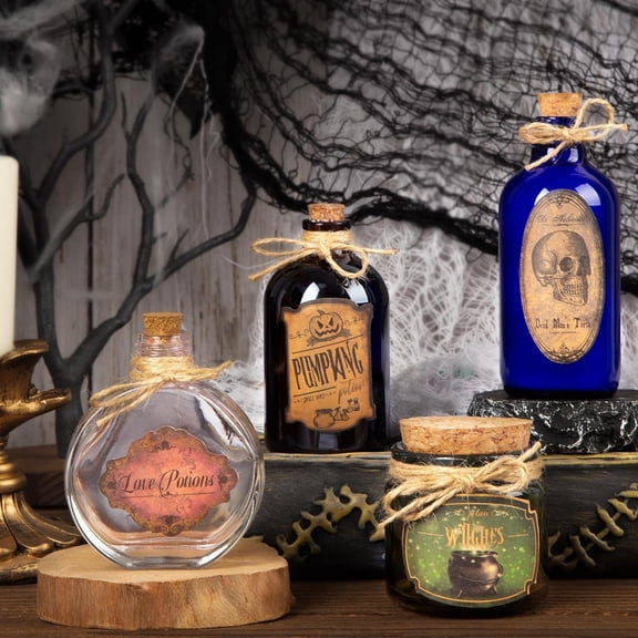 Halloween Decoration Potion Bottles - 4 Glass Jars 10 Labels | 4 glass jars + 10 labels for creepy potion displays tables mantels shelves or kitchen counters with haunted