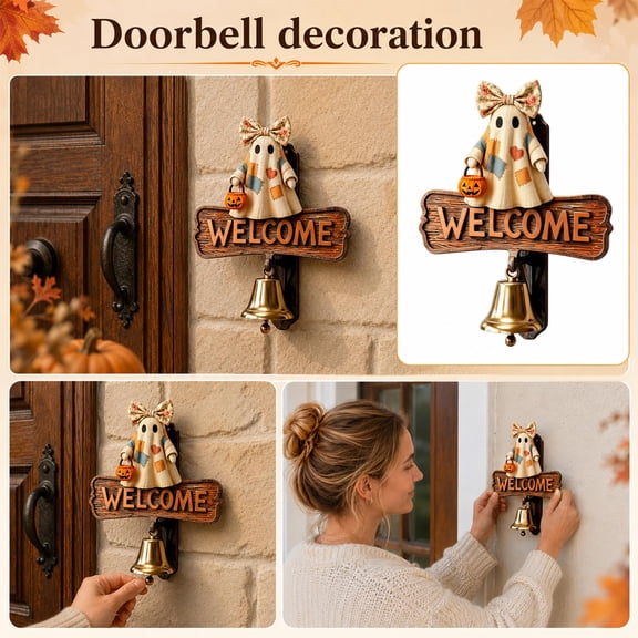 Halloween Ghost Doorbell Welcome Sign with Hanging Bell and Pumpkin Basket, 6.69in Resin Entryway Wall Decoration