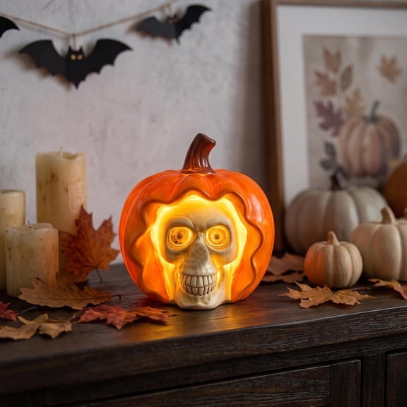 Halloween Decoration, Resin Pumpkin Skull Light, Lighted Jack-o-Lantern Home Decor for Shelf, Tabletop, 3.15x3.15x2.36 in